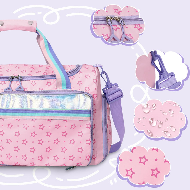WOOMADA Foldable Kids Duffle Bag for Boys & Girls, Kids Overnight Travel Bag with Shoe Compartment＆Wet Pocket, Ideal for School Practice, Sports, Weekend Travel(Pink Star) Pink Star