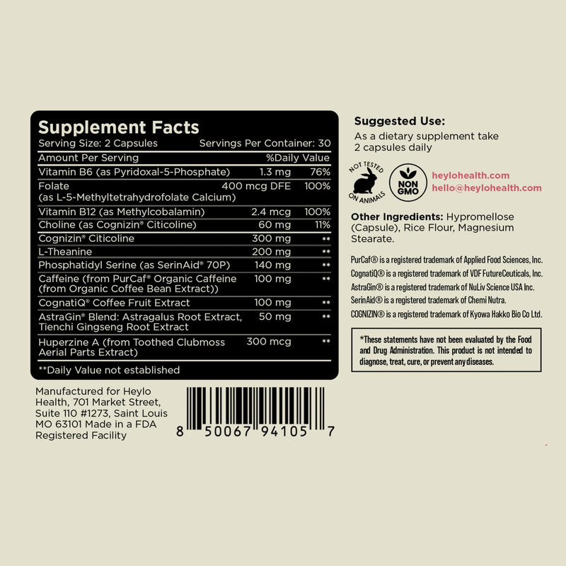 Heylo Nootropic Brain Supplement for Focus, Energy, and Memory | Cognizin® Citicoline, L-Theanine, PurCaf® Caffeine, Phosphatidylserine, B6 | 60 Capsules – Clean, Plant-Based Cognitive Support