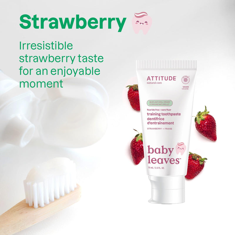 ATTITUDE Baby and Child Fluoride-Free Training Toothpaste, EWG Verified, Naturally Derived Ingredients, Vegan, Strawberry, 2.6 Oz 2.6 Ounce (Pack of 1)