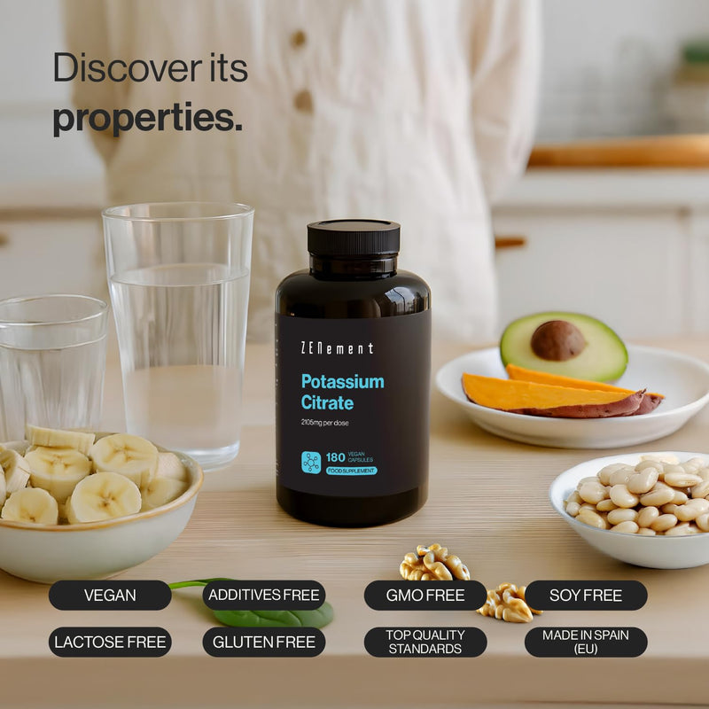 Potassium Citrate 2105 mg per Serving (800 mg Elemental Potassium in 2 Capsules) – 180 Vegan Capsules for 3 Months – Muscle, Nerve and Blood Pressure Support – No Additives – Zenement