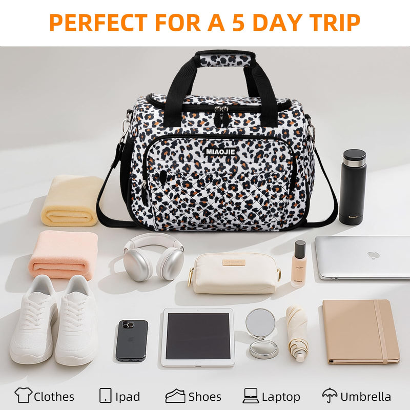 Travel Duffle Bag for Women, Underseat Carry On luggage Bag Foldable Overnight Weekender Hospital Bag Lightweight Airplanes Personal Item Travel Tote Bag for Women Birthday Gifts, 16IN Leopard Print