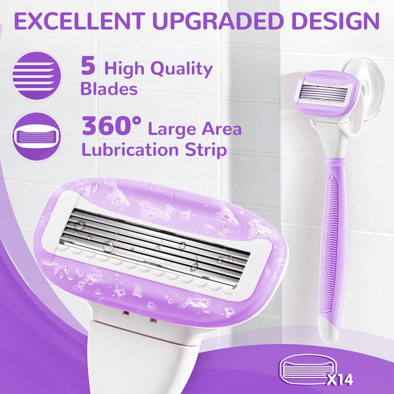 [Australia] - Razors for Women Include 2 Non-Slip Handles and 14 Blade Refills with a Shower Holder, 5 Premium Blades Women's Razors for Shaving with 360° Lubrication Reduces Irritation, Purple 