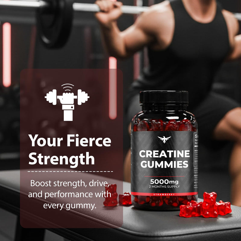 Creatine Gummies 5000mg | Creatine Monohydrate Gummies – Chewable Creatine Supplement for Men & Women | 120 Vegan Gummies Easy Pre & Post Workout Gym Support for Performance and Muscle Power Strawberry