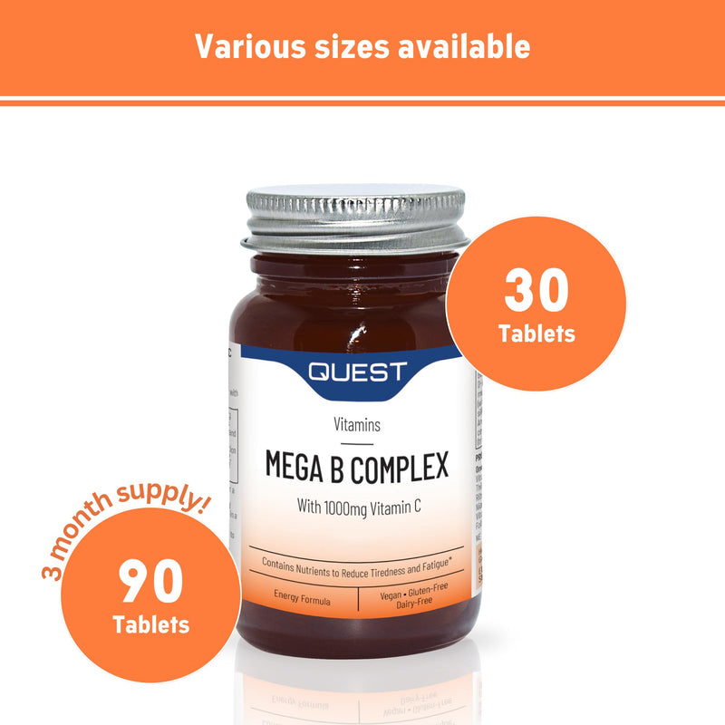 Quest - 60x Mega Vitamin B Complex Tablets. High Strength Vitamin B1-B2-B3-B6-B12, Biotin & C Supports Energy Production, Stress Response, Immune System & Brain Function (1 Pack) 60 count (Pack of 1)