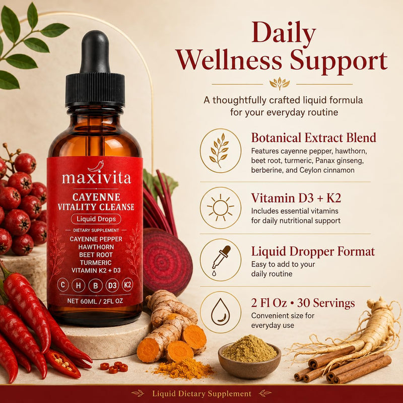 Cayenne Pepper Drops with Hawthorn, Beet Root, Turmeric, Vitamin D3 & K2, Panax Ginseng, Berberine & Ceylon Cinnamon, Liquid Dietary Supplement, 2 Fl Oz, 30 Servings 1
