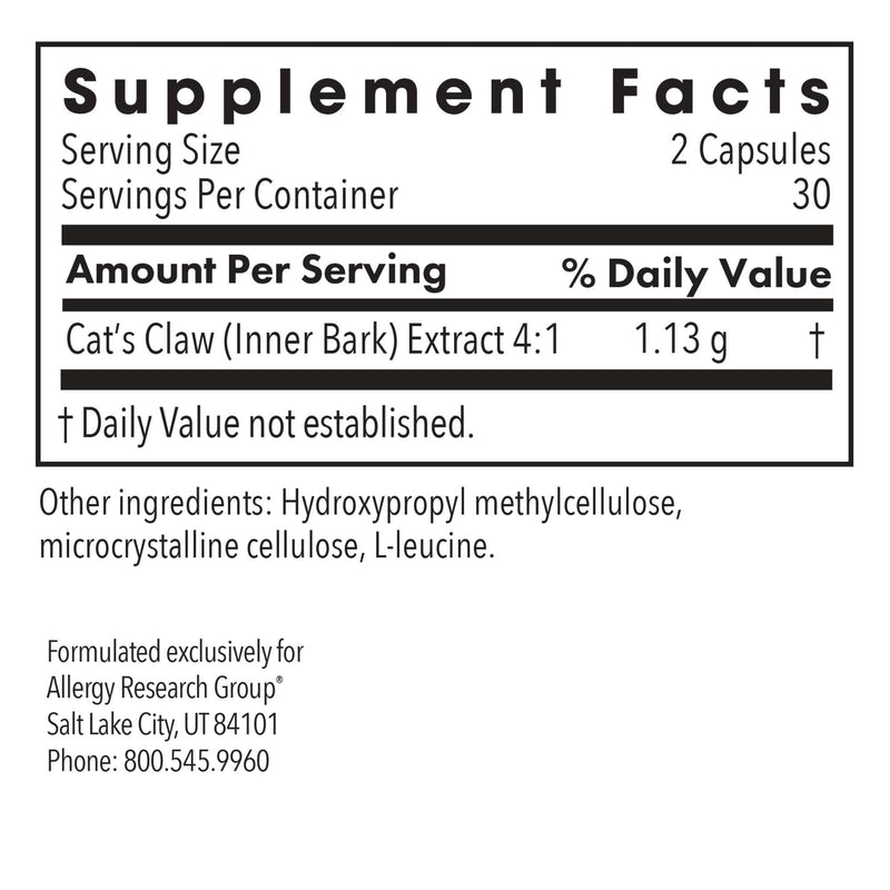 Allergy Research Group Cat's Claw - Inner Bark Extract, Joint Health & Immune Support, Herbal Supplement, Organic, Vegetarian Capsules - 60 Count - PawsPlanet Australia