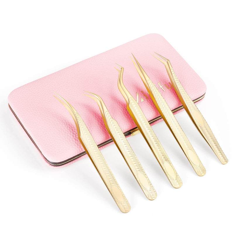 5 PCS Lash Extension Tweezers Set, Stainless Steel Professional Eyelash Extension Tweezers for Volume, Isolation and Classic Lashes 5 Pcs Lash Tweezers Set