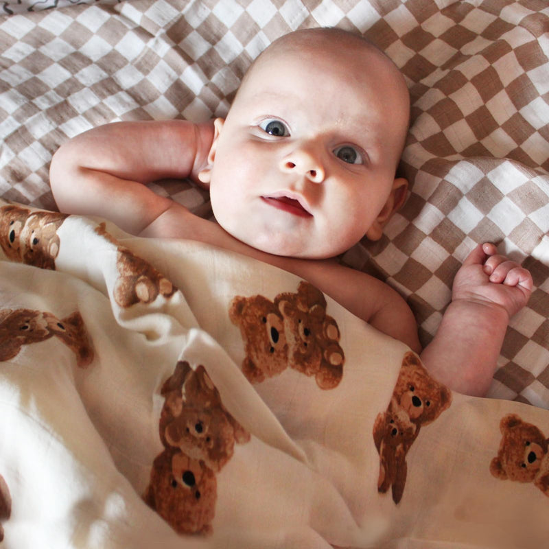 [Australia] - LifeTree Muslin Swaddle Blankets Neutral, Baby Swaddling Wrap Nursery Blanket for Boys & Girls Unisex, Soft 70% Viscose from Bamboo and 30% Cotton, Large 47 x 47 inches, Bear & Checkered Coffee 