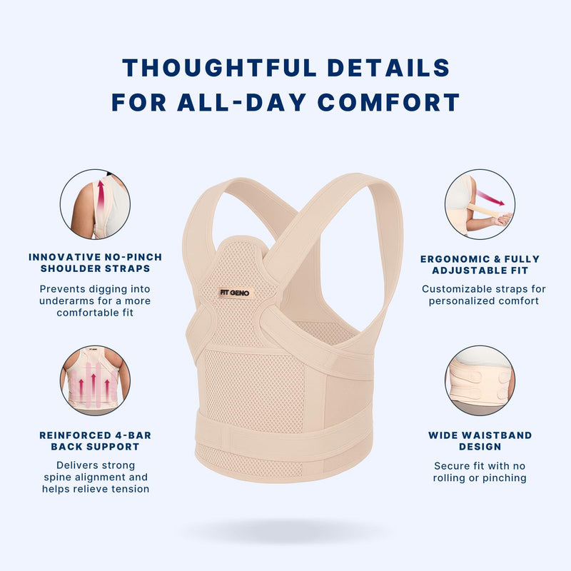 [Australia] - Fit Geno Back Brace Posture Corrector for Men & Women: Shoulder Straightener Adjustable Full Back Support Pain Relief - Scoliosis Hunchback Spine Corrector (Medium/Large) Beige Medium/Large (Waist 33"-40") 