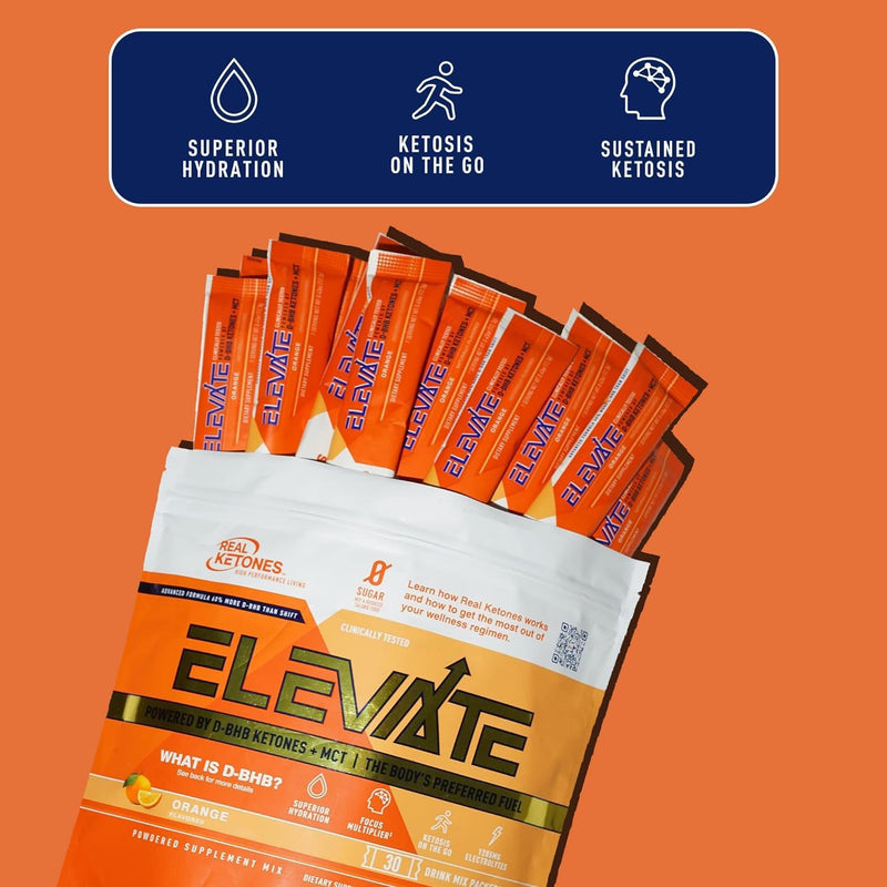 [Australia] - Real Ketones MCT & BHB Exogenous Ketones Drink Mix Packets Elevate Keto Electrolytes Powder Packets No Sugar with 4 Main Electrolytes plus Hydrating Proprietary Keto BHB - 30 Pack Orange Orange Blast 