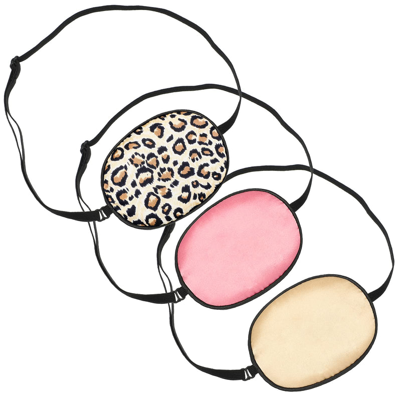 3 Pieces Silk Eye Patch Elastic Lazy Eye Patch Adult Adjustable Single Eye Patch with Elastic Strap (Leopard, Champagne, Peach) Leopard, Champagne, Peach