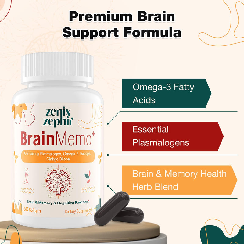 [Australia] - Memory Focus Supplement - Brain Support with Omega-3, Bacopa and Plasmalogens for Enhanced Cognitive Function - Concentration and Memory - Non-GMO, 60 Softgels 60 softgels(Pack of 1) 