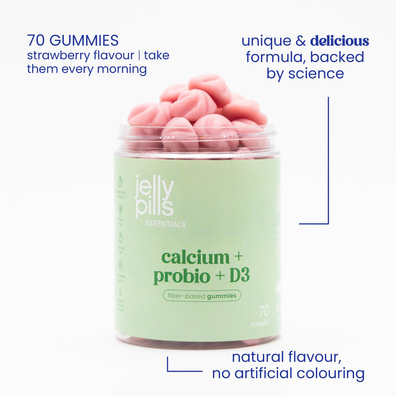 Jelly Pills Calcium 240 mg Gummies with Vitamin D3, K2 and Probiotics - 70 Vegan Gummies - No Added Sugar - Strawberry Flavour - Bones, Teeth & Digestion