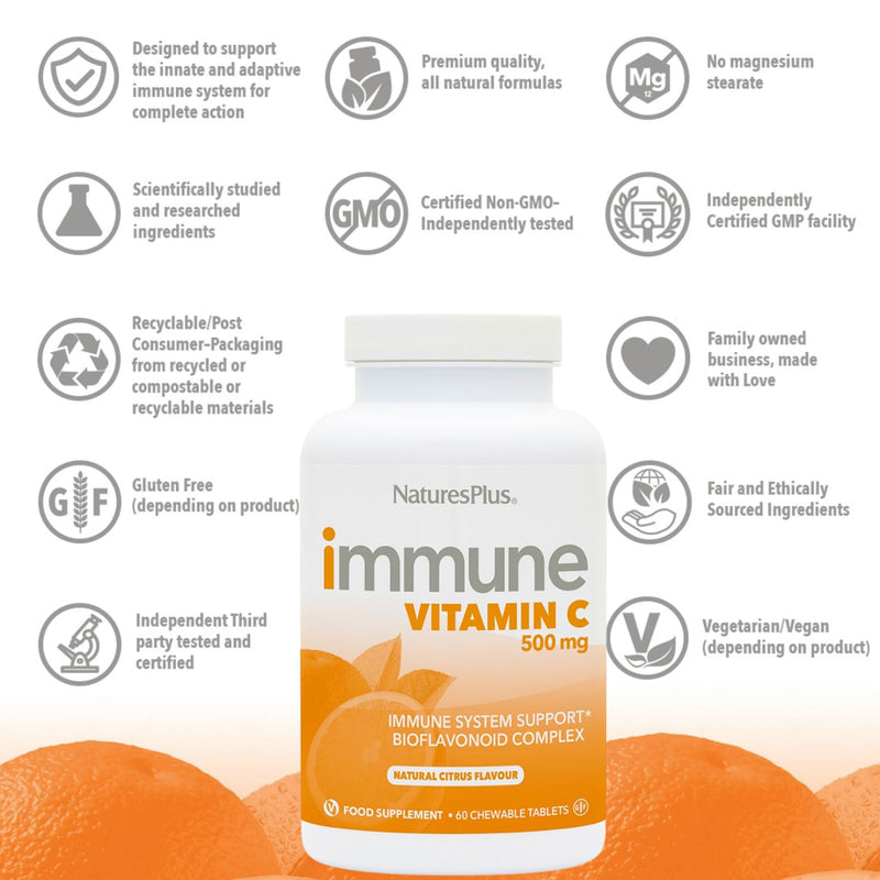 NaturesPlus Immune Chewable Vitamin C 500mg - Tasty Citrus Flavour - Gentle, Natural Vitamin C Tablets with Bioflavonoids - Immune Support - Vegan, Gluten Free - 60 Chewables