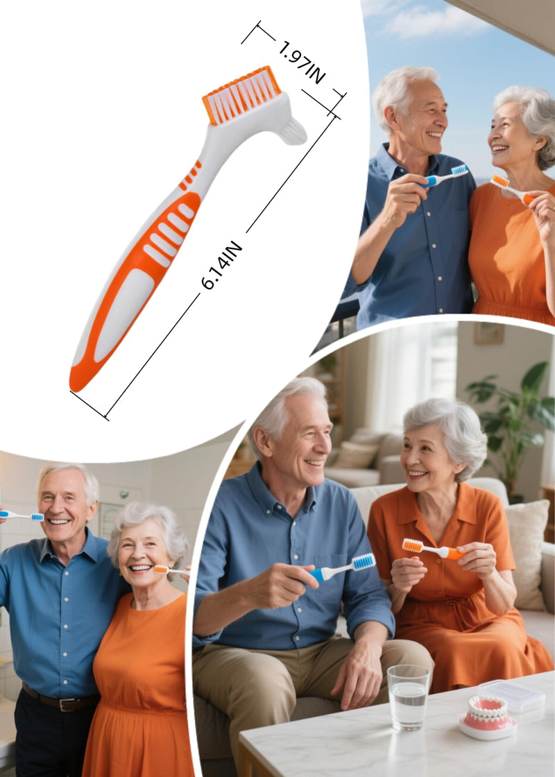 [Australia] - Denture Cleaning Brushes 2-Pack with Dual-Angle Heads - Soft Nylon Bristles & Ergonomic Grip, Travel Brush Kit for Seniors (Orange/Blue) | Denture Care Essentials, Heartwarming Gift for Elderly Orange/Blue 