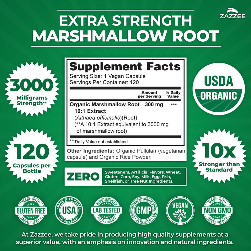 [Australia] - Zazzee USDA Organic Marshmallow Root 10:1 Extract, 3000 mg Strength, 120 Vegan Capsules, 4 Month Supply, Standardized, Concentrated 10X Extract, 100% Vegetarian, All-Natural, Non-GMO, Made in The USA 