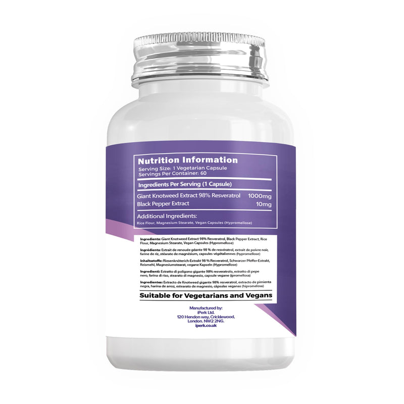Trans Resveratrol 1000 mg (Per Capsule) 60 Vegan Capsules Non GMO Made in The UK in HACCP ACCREDITED Facilities