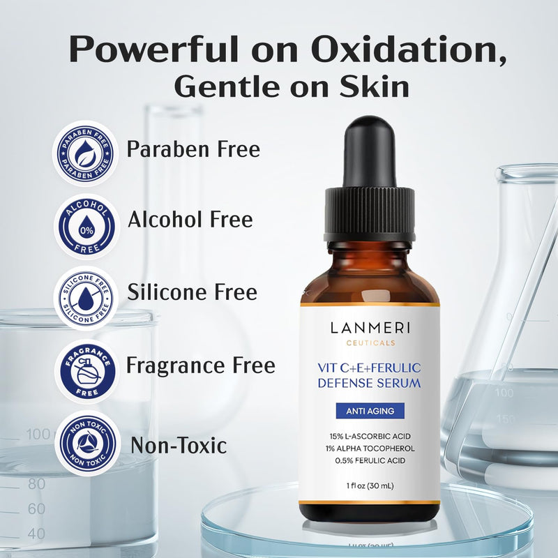 Lanmeri Ceuticals 15% Vitamin C + E + Ferulic Serum: Advanced Antioxidant Defense Formula with 1% Vitamin E & 0.5% Ferulic Acid – High-Stability Vitamin C Serum (1 fl oz) 1-Pack C+E+Ferulic Serum