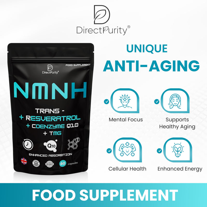 NMNH Supplement 600 mg, with Trans Resveratrol, CoQ10 and TMG, NMNH and resveratrol Supplements Support Cellular Health and Healthy Aging. Boost Vitality and Combat Aging. 1