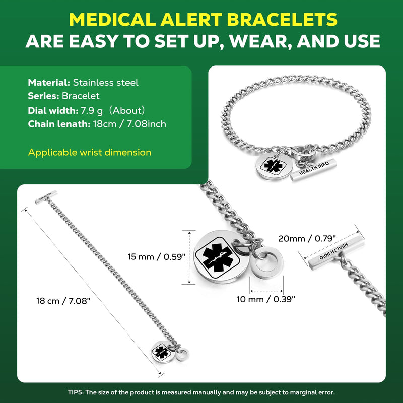 [Australia] - Upgraded QR Code Medical ID Bracelets for Women Medical Alert Bracelet - Sterling Silver 7'' Cuban Chain Link - More Space Save & Change Emergency Medical Info Anything 7.08'' Thin Cuban chain-Silver 