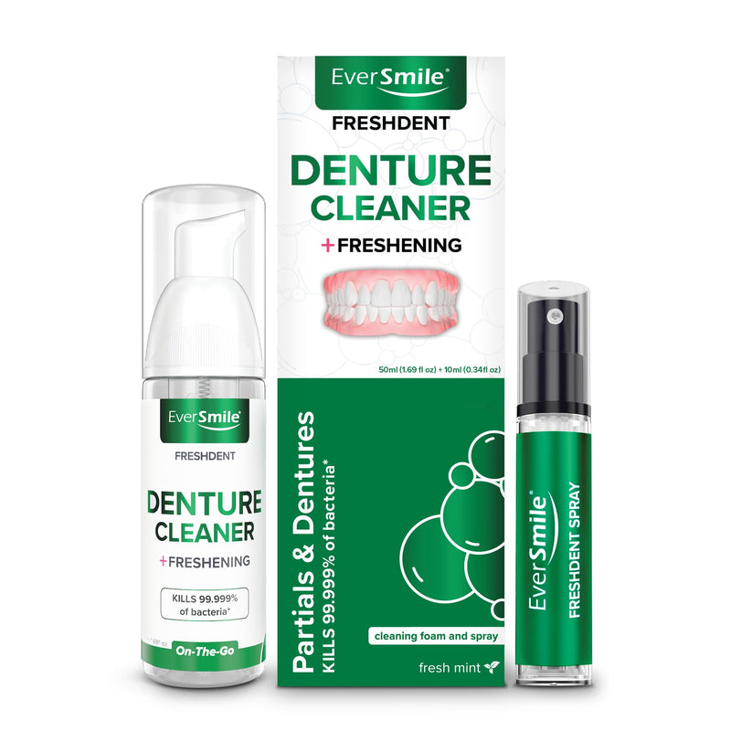 EverSmile FreshDent Denture and Partial Denture Cleaner + Teeth Whitening Spray – Travel Size Alternative to Cleaning Tablets That Eliminates Bacteria and Fights Bad Breath – 50ml + 10ml Pack 1 Count (Pack of 1)