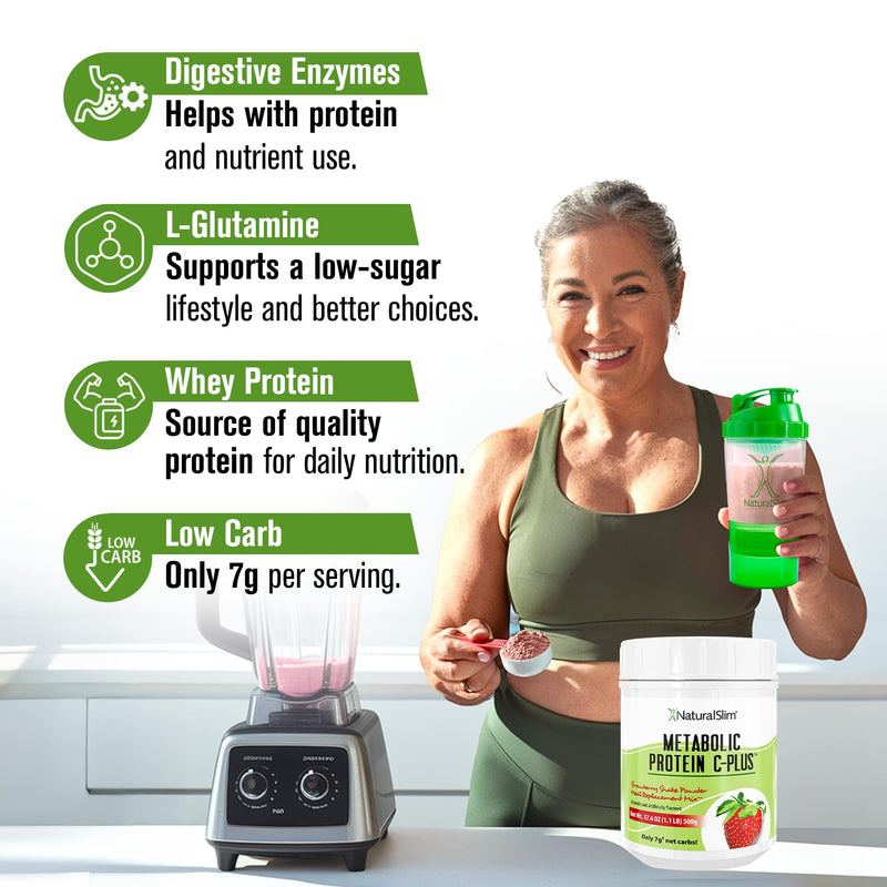 NaturalSlim Metabolic Protein C-Plus, Strawberry, 1.1 lb | Whey Protein Powder and Shake, Vitamin C, L-Glutamine and Digestive Enzymes, Support Metabolism, Energy and Gut Health Strawberry C Plus