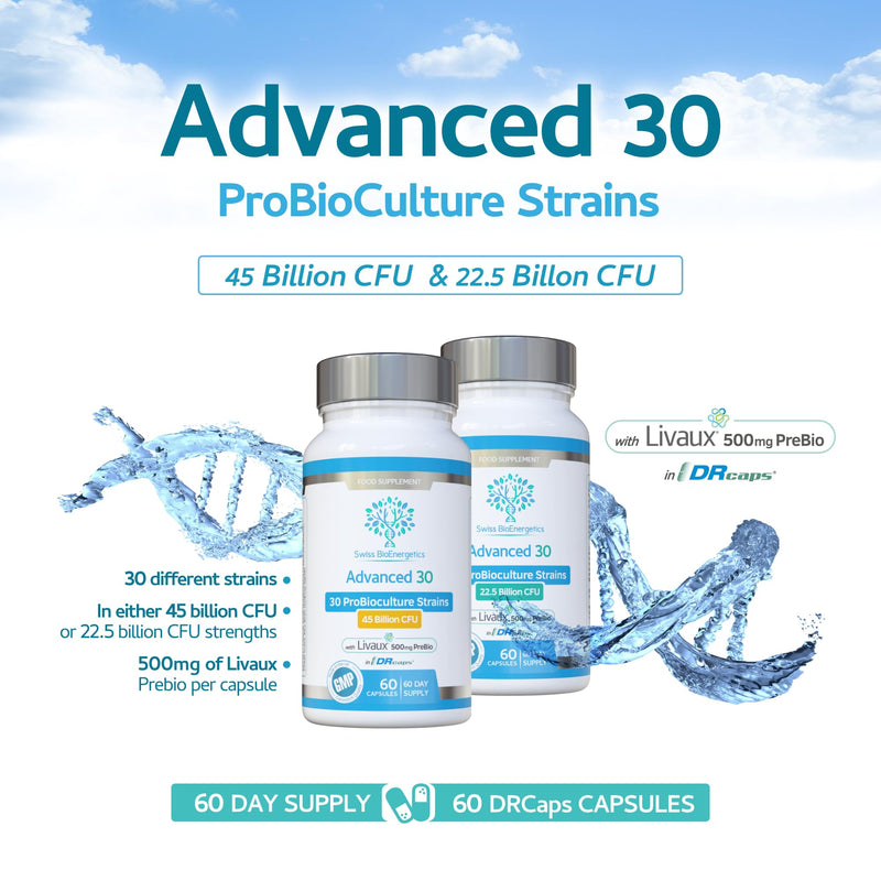 Bio Cultures Complex Probiotics & Prebiotics — 30 Strains, 22.5 Billion CFU, Live Bacteria — Gut Health Digestive Supplement with Prebiotics — Delayed Release Capsules, 60 Day Supply — UK Made