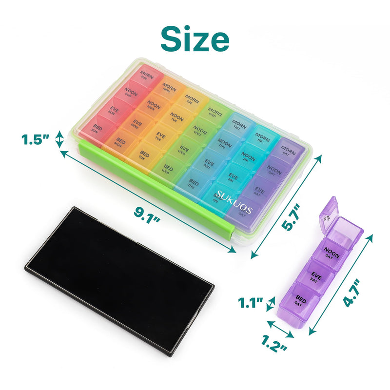 Sukuos Weekly Pill Organizer 7 Day 4 Times a Day 2 Pcs, Easy to Open Large Daily Pill Box, Moisture-Resistant Medicine Cases for Medication/Vitamin/Fish Oil/Supplements (Rainbow) Rainbow (2 Pack)