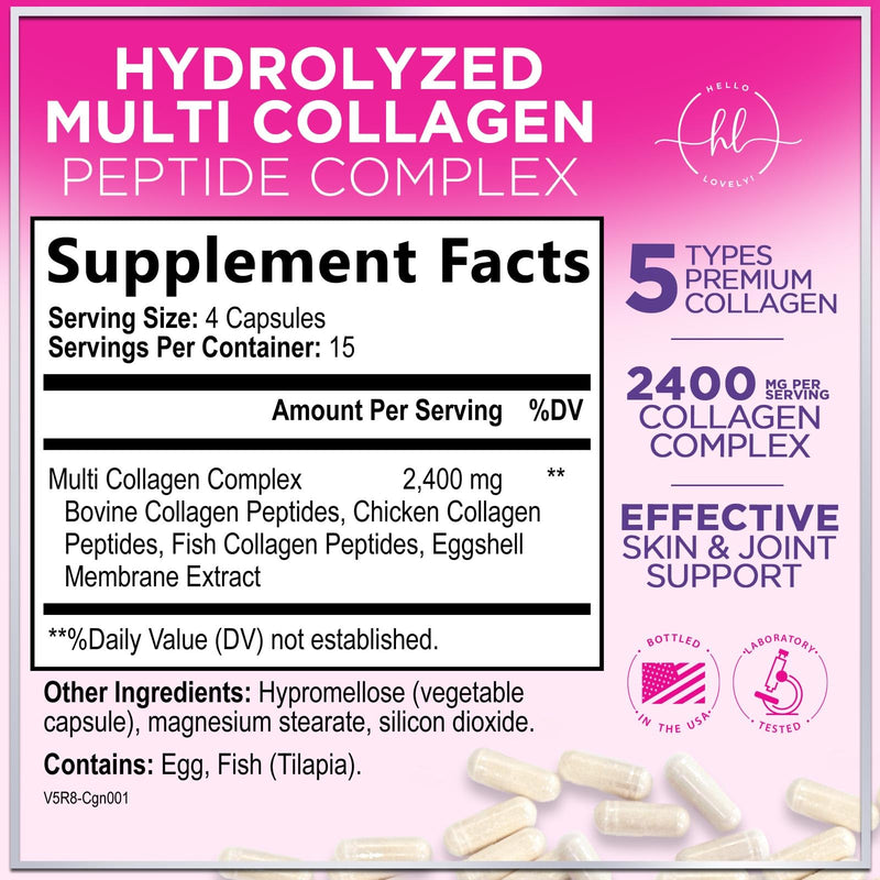 Multi Collagen Peptides - Hydrolyzed Collagen Types I, II, III, V, X - Best Hair, Skin, Nail & Joint Support for Women - Complete Collagen Peptide Supplement - Non-GMO, Bottled USA - 60 Capsules 60 Count (Pack of 1)