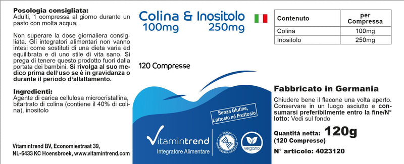 [Australia] - Choline & Inositol - with 100mg choline and 250mg inositol - 120 tablets - high dosage - vegan - bioavailable supplements from Germany | Vitamin trend 