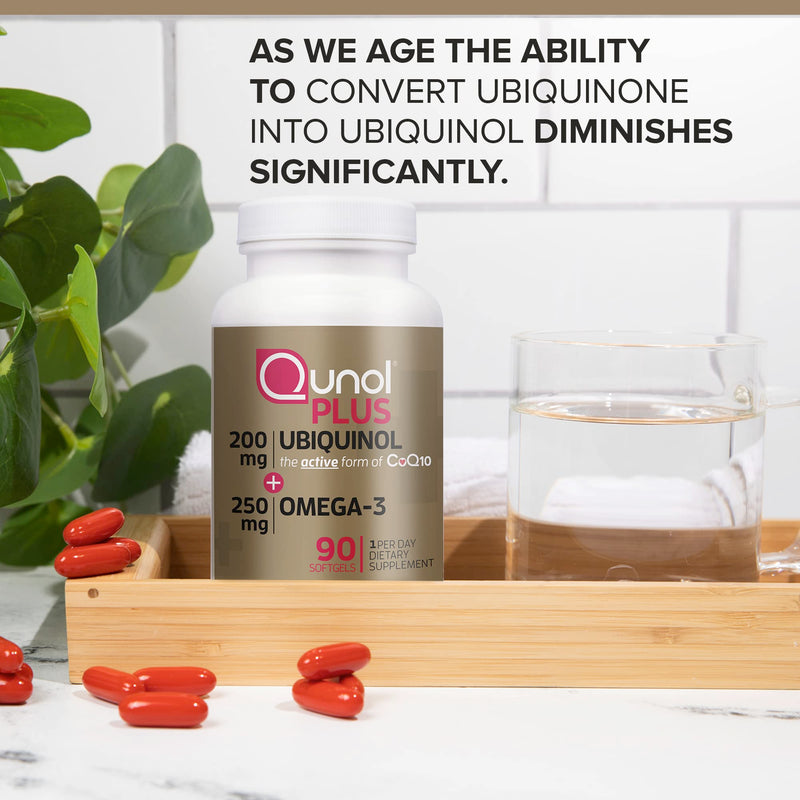 [Australia] - Qunol Plus Ubiquinol + Omega 3, Ubiquinol CoQ10 200mg with 250mg Omega-3 Fish Oil, Extra Strength, Antioxidant for Heart Health, Natural Supplement for Energy Production, (Bovine Version), 90 Count 