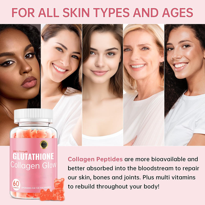 Glutathione Collagen Glow Gummies for Women, Glutathione Collagen Glow Gummies for Dark Spot, 60/120Pcs Korean Organic Glow Beauty Collagen for Skin Care Anti-Aging (1) 1