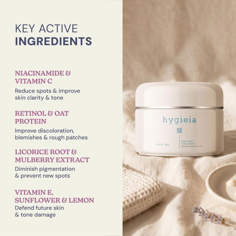 Hygieia+ Dark & Age Spot Diminisher Cream for Face, Arms, Neck & Body, 4 oz | Niacinamide, Retinol, Vitamin C, Licorice Root & Mulberry, Reduces Blemishes & Hyperpigmentation, Supports Even Skin Tone