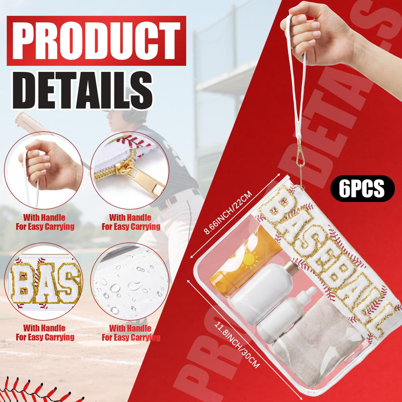 6 Pcs Baseball Gifts White Chenille Letter Makeup Bags Nylon Clear Cosmetic Bags Toiletry Zipper Pouch Travel Purse for Sports Women Party Holiday Favor 6