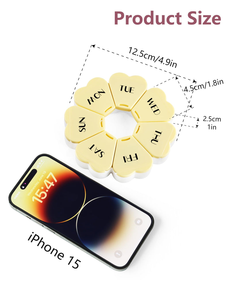 MOLN HYMY Large Weekly Pill Box 7 Day, Pill Case Organizer, Flower Pill Container Once Daily, Round Medicine Dispenser for Vitamin/Fish Oil/Medication/Supplement (Yellow) Yellow