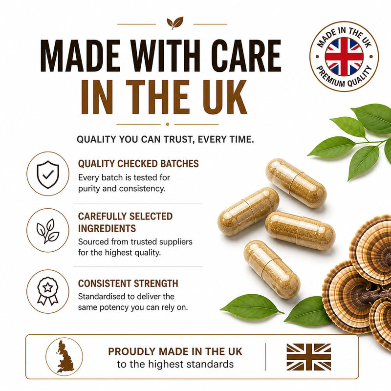 High Strength Turkkey Tails Fruiting Body Extract 8000mg | 20:1 Mushroom Extract | 30% PLY | 90 Vegan Capsules | 45 Day Supply | UK Packed | No Fillers or Bulking Agents | Vegan and Gluten Free