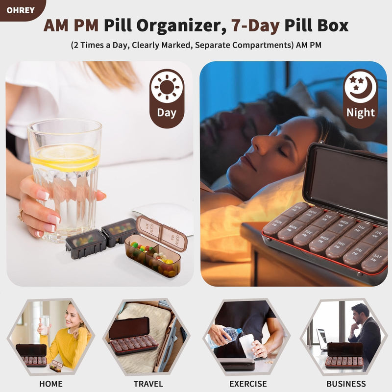 Pill Organizer 2 Times a Day, Weekly Travel Case for Vitamins, Fish Oils + 2 Detachable Cute Boxes (Brown) Brown