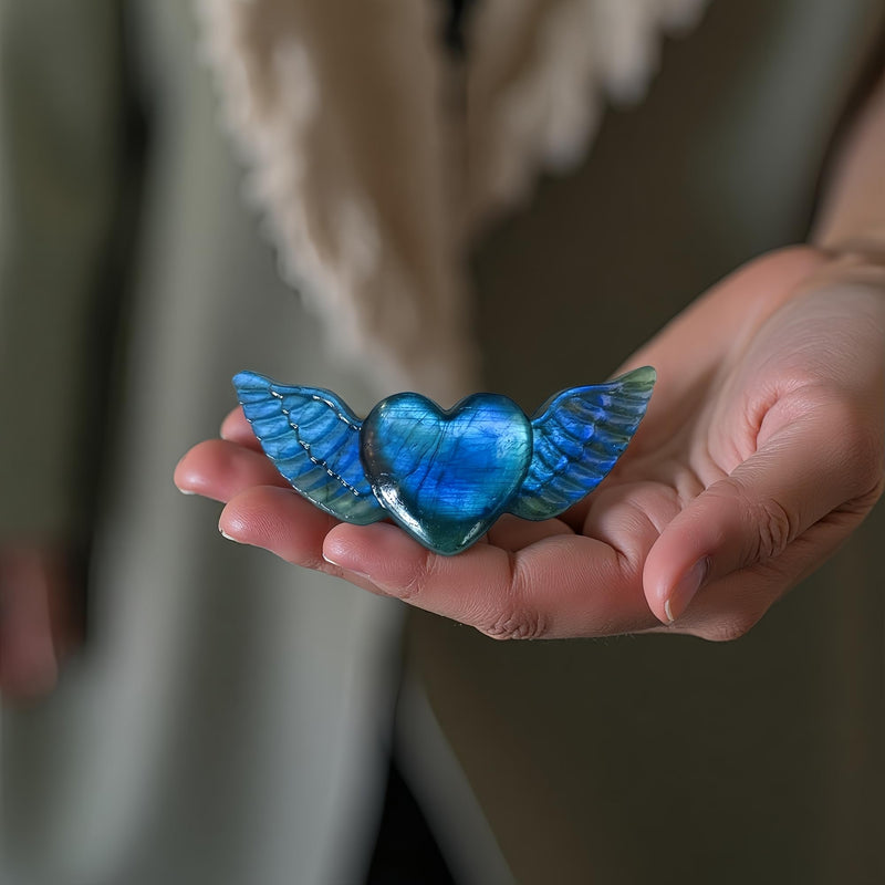Labradorite Heart Crystal Heart Labradorite Stones Heart Crystal Healing Crystal Crystal Heart with Wings