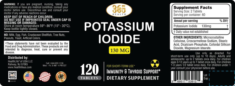 [Australia] - Potassium Iodide Tablets 130 mg - KI Tablets- Potassium Iodine Tablets 130 mg - USA MADE Potassium Iodine Pills YODO Naciente, Yoduro de potasio - 120 Tablets 
