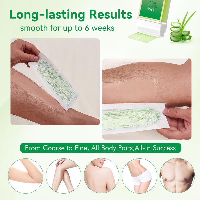 [Australia] - Roll On Wax Refill, Hair Removal Wax Cartridge, Depilatory Wax Roller Refill for Legs and Arms. with 4 Aloe Wax Rollers, 50 Waxing Strips,5 Clean Oil 