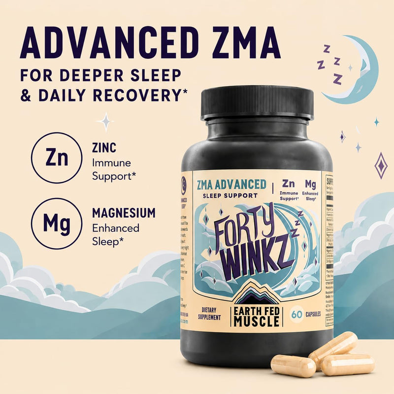 Earth Fed Muscle Forty Winkz ZMA Sleep Support for Men and Women | Zinc, Magnesium Citrate, Vitamin B6, Choline, Vitamins C and B5 | Non-Habit Forming Melatonin-Free Sleep Aid | 60 Capsules