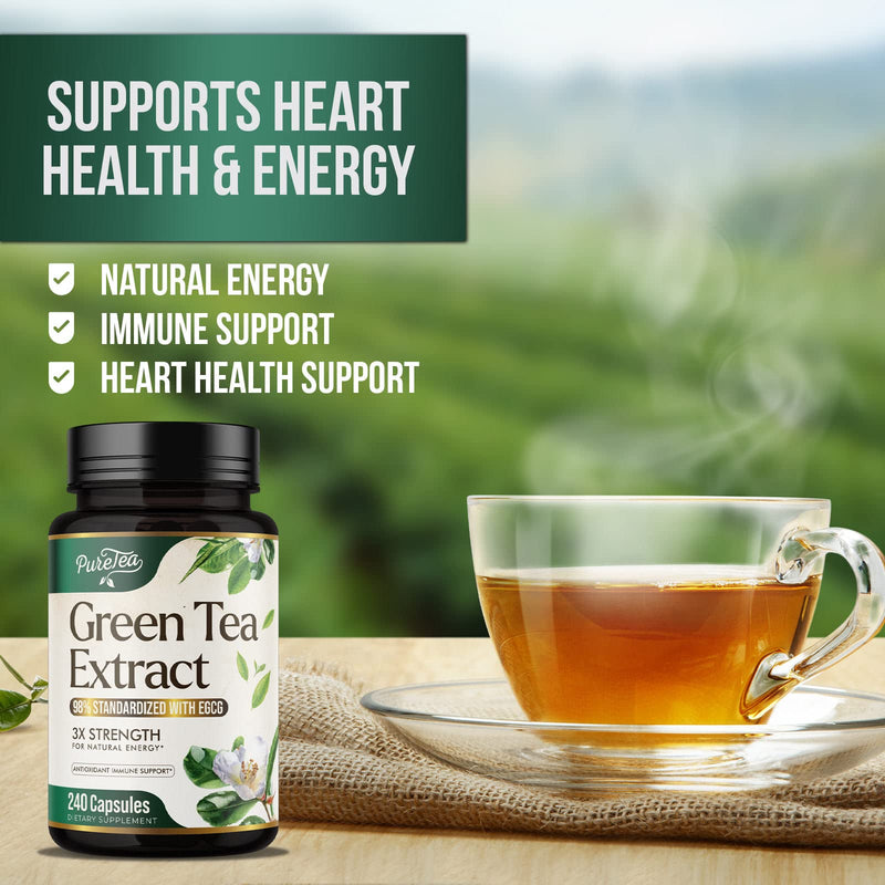 [Australia] - Green Tea Extract Pills 1000mg with EGCG for Heart Support with Antioxidants - 98% Standardized Polyphenols - 3X Absorption Green Tea Capsules for Natural Energy, Gentle Caffeine - 240 Capsules 240 Count (Pack of 1) 