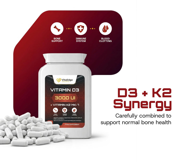 Vitamin D3 3000 IU + K2 MK-7 Capsules, 90 Capsules, Bone & Immune Support Supplement