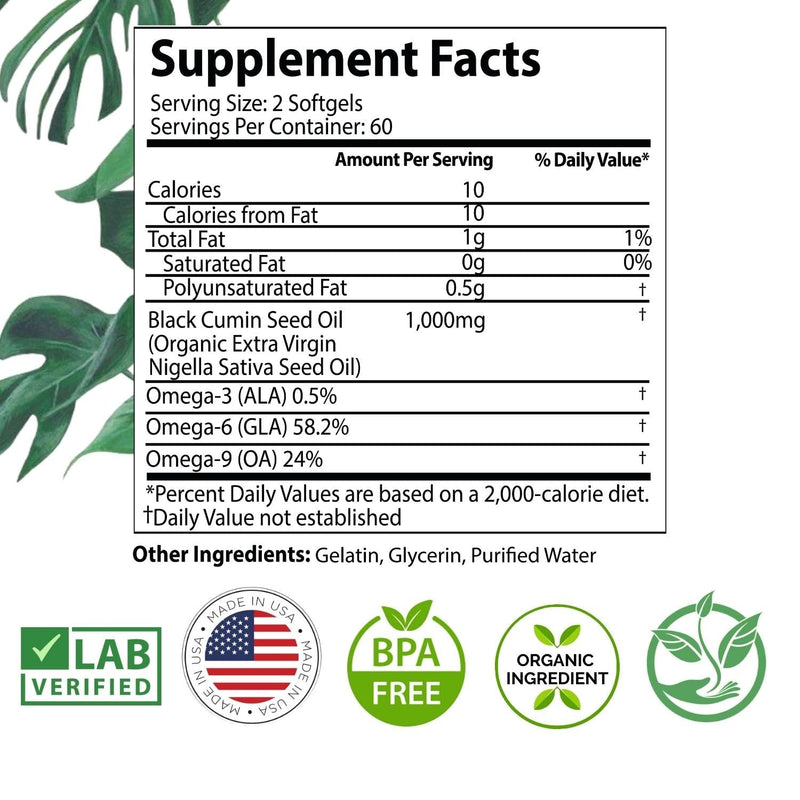 [Australia] - Black Seed Oil Capsules - 120 count (ORGANIC, non-GMO Liquid) Premium Cold Pressed Black Cumin Seed Oil - 500mg each, 1000mg Per Serving w/Omega 3,6, 9 