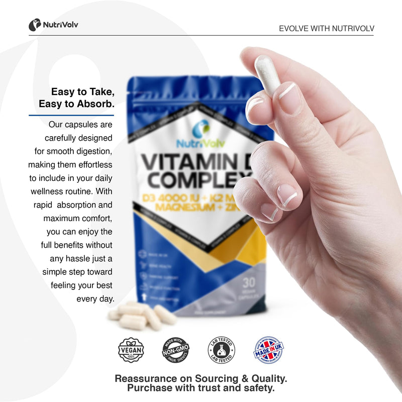 Vitamin D Complex | 30 Vegan Capsules | With Vegan D3 (4000IU), K2(MK-7), Magnesium Bisglycinate & Zinc Monomethionine | High Absorption | Bone, Muscle, Immune & Heart Support | UK Made | by NutriVolv