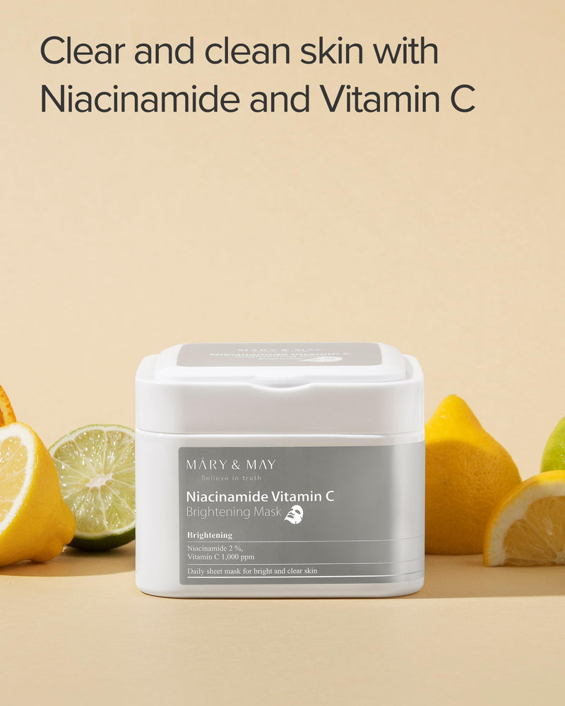 Mary&May Niacinamide + Vitamin C Daily Sheet Mask, 30 Sheets Pull-Out | Korean face mask, 2% niacinamide + 1,000 ppm stable vitamin C + six hyaluronic acids for the look of dark spots & dull skin Niacinamide Vitamin C