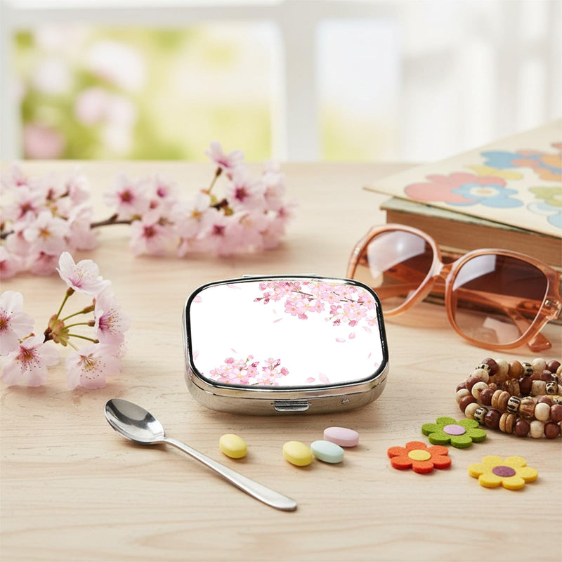Square Pill Case Small Pill Box with Mirror Pocket 2 Compartment Vitamin Pill Medicine Case Organizer Pill Containers for Traveling Cherry Blossom
