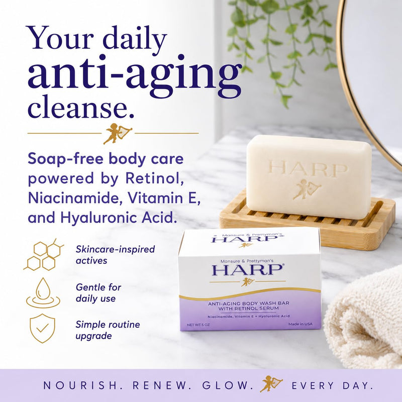 HARP® Anti-Aging Body Wash Bar with Retinol – pH Balanced Syndet Cleanser, Fragrance Free, Soap-Free & No Lye, Non-Comedogenic, With Niacinamide, Hyaluronic Acid & Vitamin E, 3-5oz Bars. Anti-Aging - Fragrance Free 3 Bars
