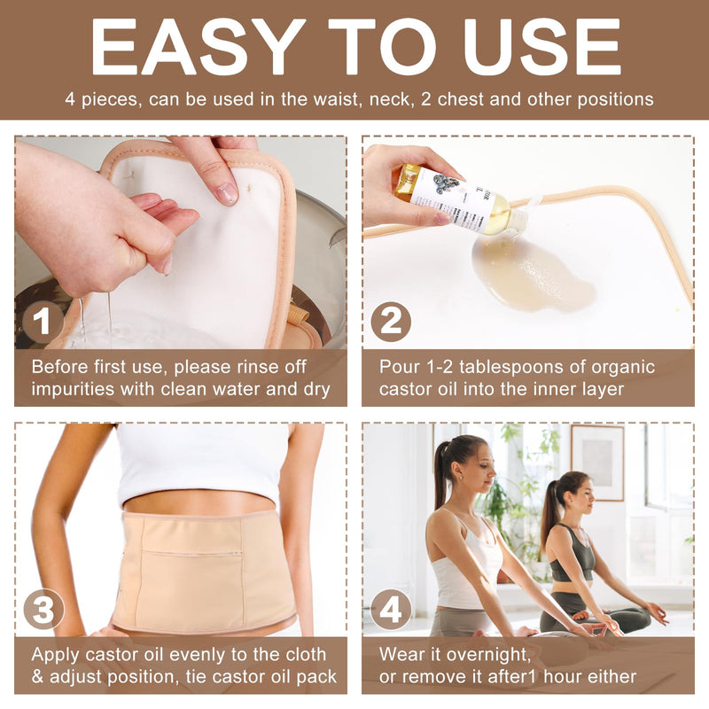 [Australia] - 6 Pcs Castor Oil Pack Wrap Organic Cotton for Liver Detox, Stomach, Belly, Neck, Breast & Entire Body, Reusable Pads Kit for Hot/Cold Compress with Adjustable Elastic Strap, Waterproof & Anti Oil Leak 