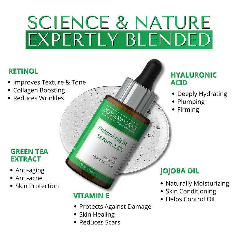 RETINOL SERUM for Face - Anti Aging Night Serum with Hyaluronic Acid & Vitamin E - Wrinkle Reducing, Pore Minimizing Face Serum for Fine Lines, Dark Spots & Uneven Skin Tone DERMAWORKS